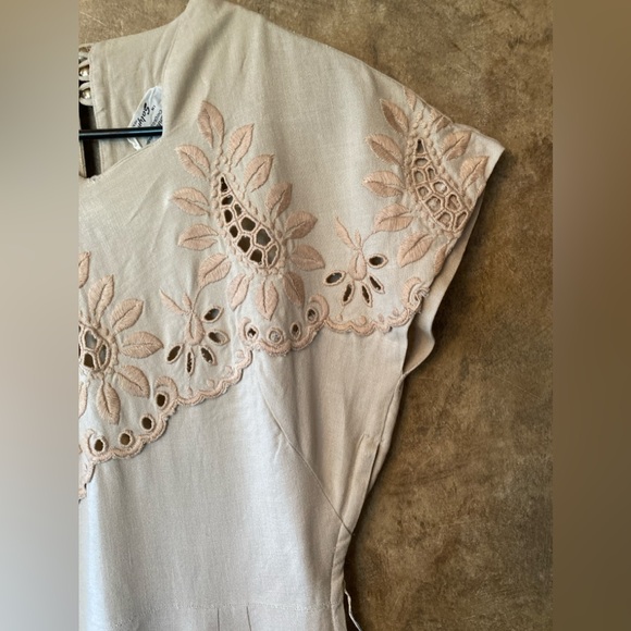Vintage Original Franklin Embroidered Cutouts Shift Wiggle Dress M Linen Beige - Picture 8 of 16